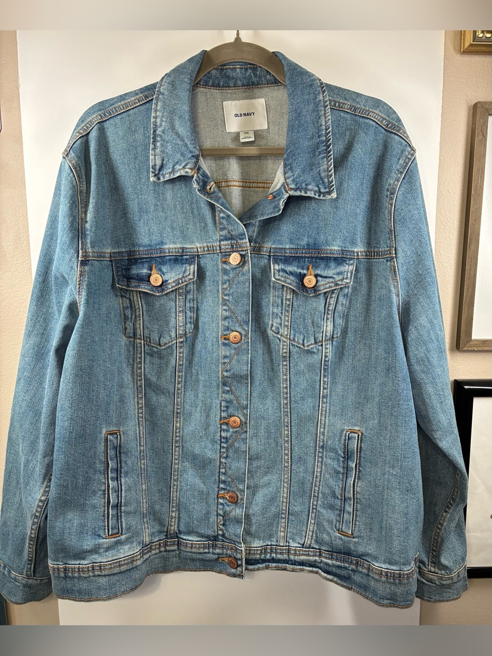 Old Navy Women's XXL Blue Denim Trucker Jacket Stretch Button Front Jean Jacket